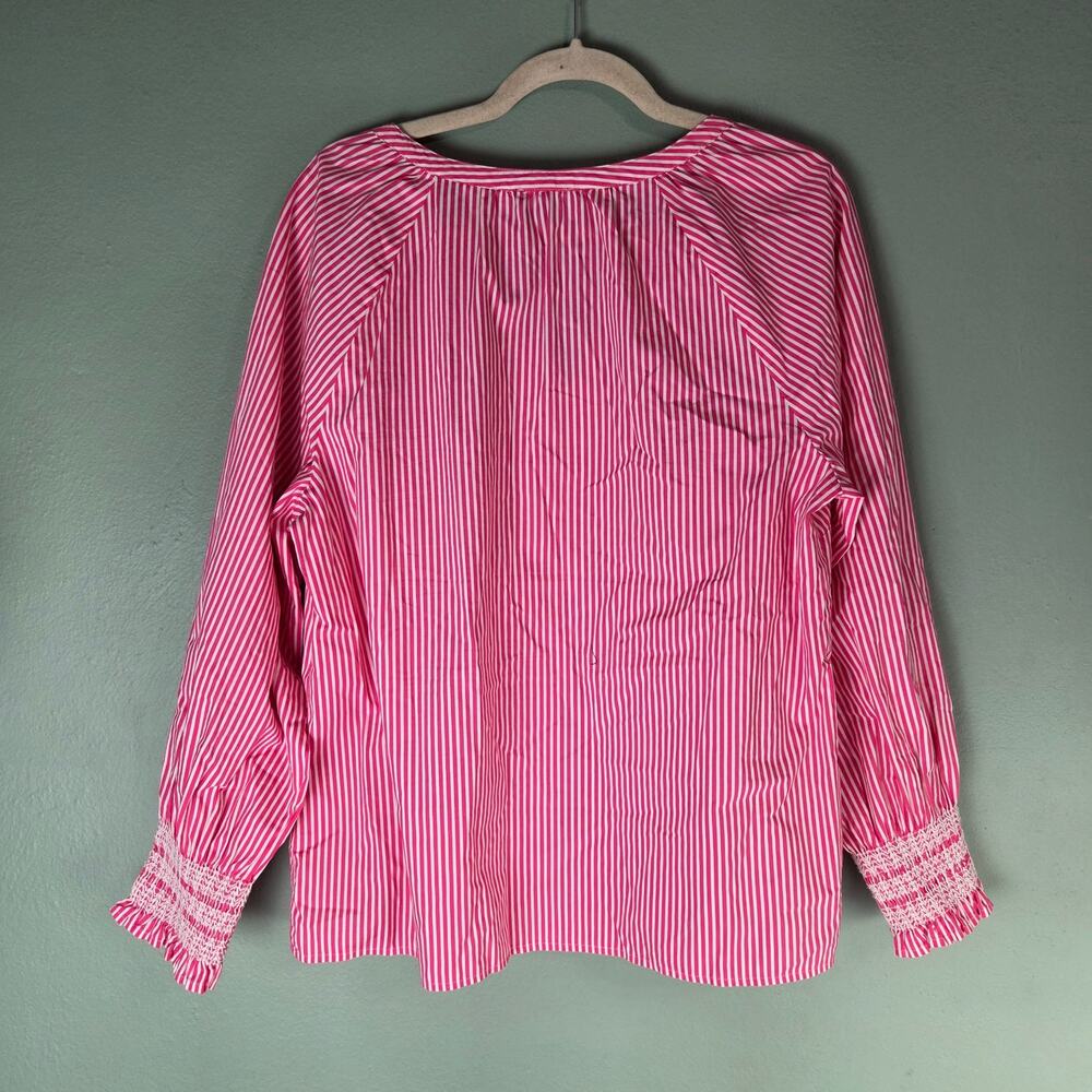 Talbots Womens Pink White Butterfly Stripe Smocked Cuff Raglan Popover Blouse L - Picture 2 of 5